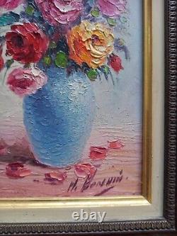 Tableau ancien huile bouquet pivoines multicolore sig