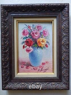 Tableau ancien huile bouquet pivoines multicolore sig