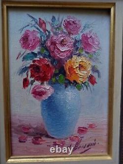 Tableau ancien huile bouquet pivoines multicolore sig