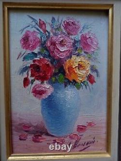 Tableau ancien huile bouquet pivoines multicolore sig