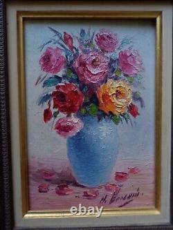 Tableau ancien huile bouquet pivoines multicolore sig