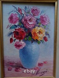 Tableau ancien huile bouquet pivoines multicolore sig