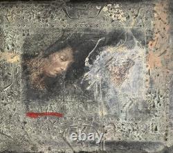 Tableau ancien huile composition mixte sculpture boulons femme mélancolie signé