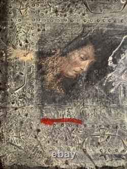 Tableau ancien huile composition mixte sculpture boulons femme mélancolie signé