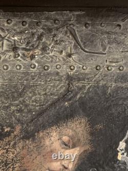 Tableau ancien huile composition mixte sculpture boulons femme mélancolie signé