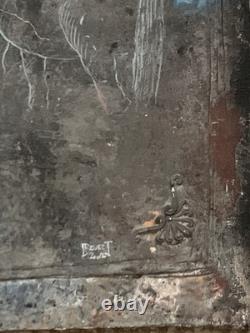 Tableau ancien huile composition mixte sculpture cheval cavalier signé Revest