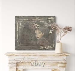 Tableau ancien huile composition mixte sculpture portrait enfant motif moulures