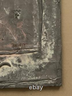 Tableau ancien huile composition mixte sculpture portrait enfant motif moulures