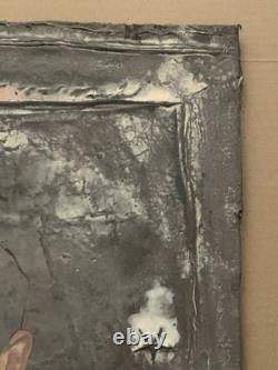 Tableau ancien huile composition mixte sculpture portrait enfant motif moulures