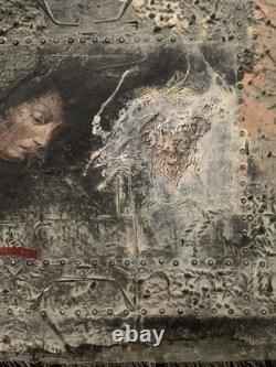 Tableau ancien huile composition mixte sculpture portrait femme mélancolie