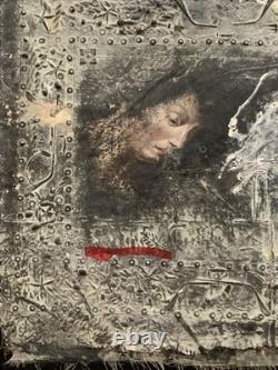 Tableau ancien huile composition mixte sculpture portrait femme mélancolie