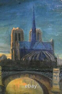 Tableau ancien huile coucher de soleil Seine Notre Dame de Paris France XIXème