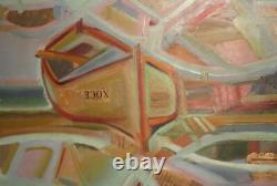 Tableau ancien huile cubiste paysage bateau