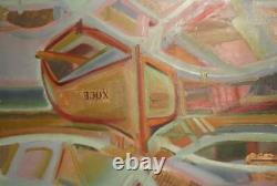 Tableau ancien huile cubiste paysage bateau