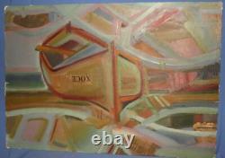Tableau ancien huile cubiste paysage bateau