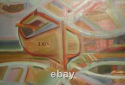 Tableau ancien huile cubiste paysage bateau