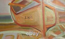 Tableau ancien huile cubiste paysage bateau