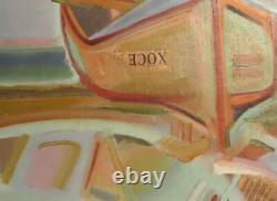 Tableau ancien huile cubiste paysage bateau