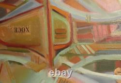 Tableau ancien huile cubiste paysage bateau