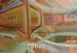 Tableau ancien huile cubiste paysage bateau