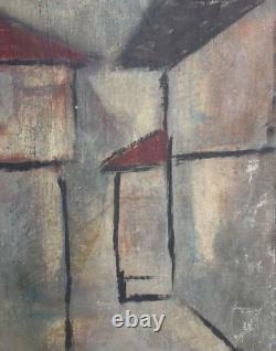 Tableau ancien huile cubiste paysage urbain