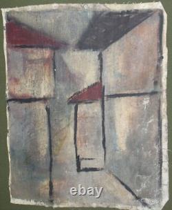 Tableau ancien huile cubiste paysage urbain