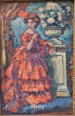Tableau ancien huile dame à la robe rouge signé Charles Guérin (1875-1939)