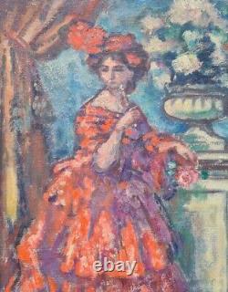 Tableau ancien huile dame à la robe rouge signé Charles Guérin (1875-1939)