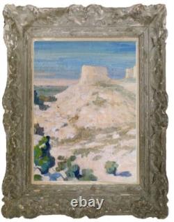 Tableau ancien huile double face recto paysage Corse fauve verso femmes terrasse