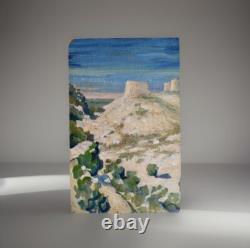 Tableau ancien huile double face recto paysage Corse fauve verso femmes terrasse