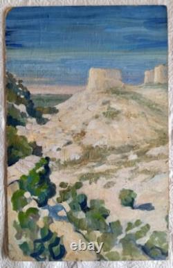 Tableau ancien huile double face recto paysage Corse fauve verso femmes terrasse