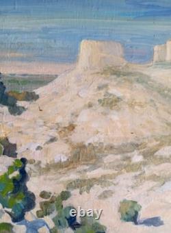 Tableau ancien huile double face recto paysage Corse fauve verso femmes terrasse