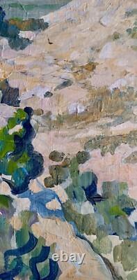 Tableau ancien huile double face recto paysage Corse fauve verso femmes terrasse