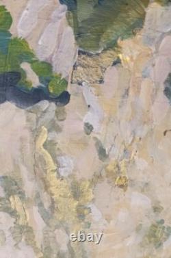 Tableau ancien huile double face recto paysage Corse fauve verso femmes terrasse