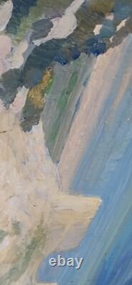 Tableau ancien huile double face recto paysage Corse fauve verso femmes terrasse