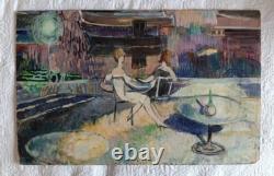 Tableau ancien huile double face recto paysage Corse fauve verso femmes terrasse