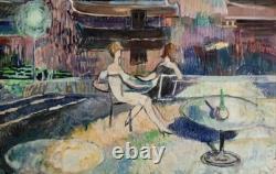 Tableau ancien huile double face recto paysage Corse fauve verso femmes terrasse
