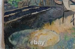 Tableau ancien huile double face recto paysage Corse fauve verso femmes terrasse