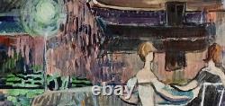 Tableau ancien huile double face recto paysage Corse fauve verso femmes terrasse