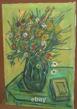 Tableau ancien huile expressionniste fleurs nature morte