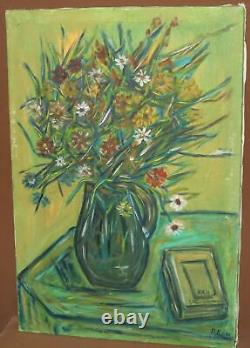 Tableau ancien huile expressionniste fleurs nature morte