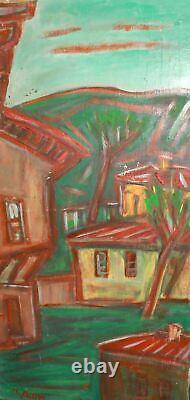 Tableau ancien huile expressionniste paysage d'un village