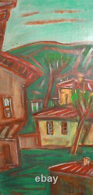 Tableau ancien huile expressionniste paysage d'un village