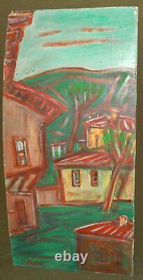 Tableau ancien huile expressionniste paysage d'un village