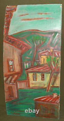 Tableau ancien huile expressionniste paysage d'un village