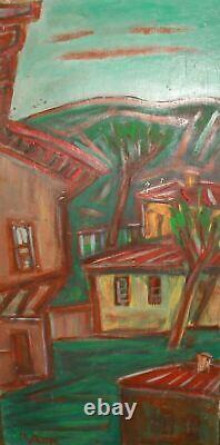 Tableau ancien huile expressionniste paysage d'un village