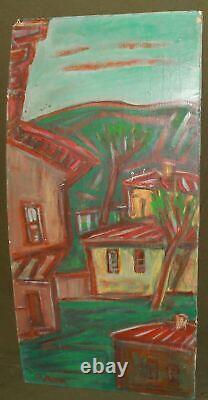 Tableau ancien huile expressionniste paysage d'un village