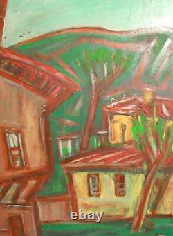 Tableau ancien huile expressionniste paysage d'un village