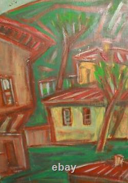 Tableau ancien huile expressionniste paysage d'un village