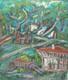 Tableau ancien huile expressionniste paysage d'un village forestier